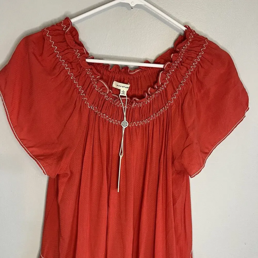 NWT Max Studio Red Mini Dress Sz L College Sundress Vacation Embroidered Ruffle - Picture 6 of 14
